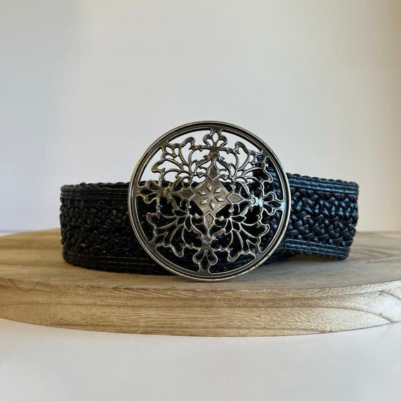 Black Woven Weaved Vegan Leather Free Size Round Buckle Belt Size Large - Picture 1 of 11